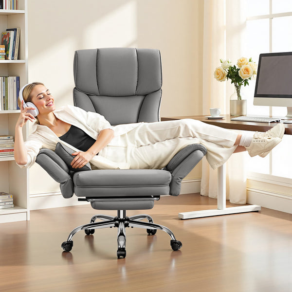 Brick Attic - 500LBS Plus Ergonomic Office Chair with Footrest, Wide Cross Legged Executive Chair with Reversible Armrests, 120°Tilt - Gray