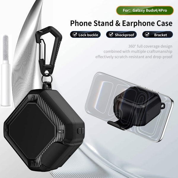 Dteck - for Samsung Galaxy Buds 4 / Galaxy Buds 4 Pro Case with Lock Clip and Phone Stand, Comes with Hook and Cleaning Pen - Black