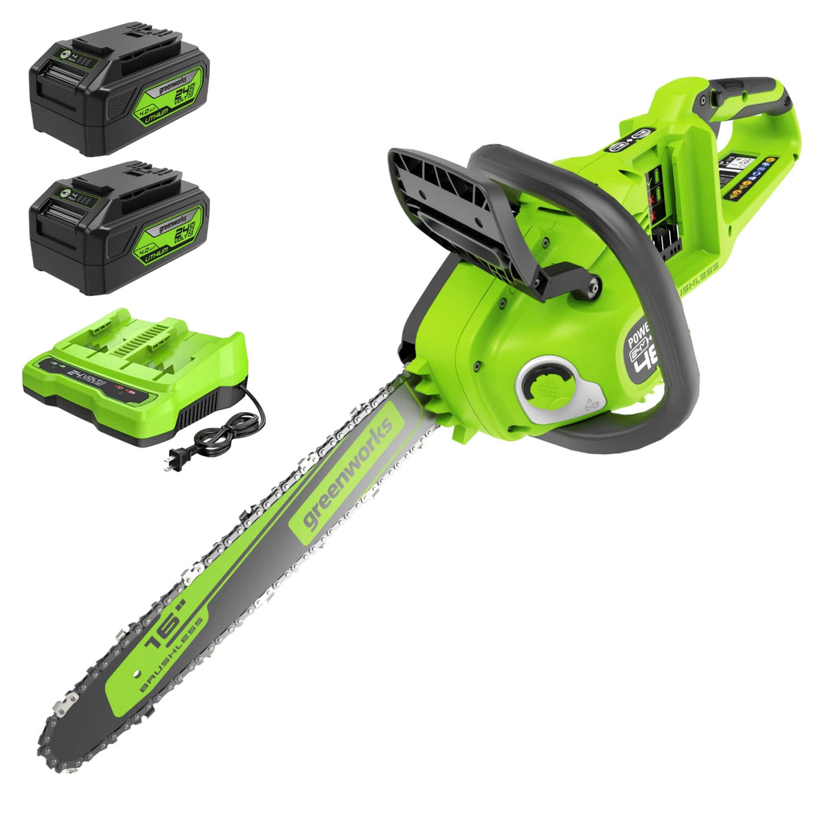 Greenworks - 48V (24V x 2) 16" Brushless Chainsaw, with (2) 4Ah USB Batteries and Dual Port Charger 2018002 - Green