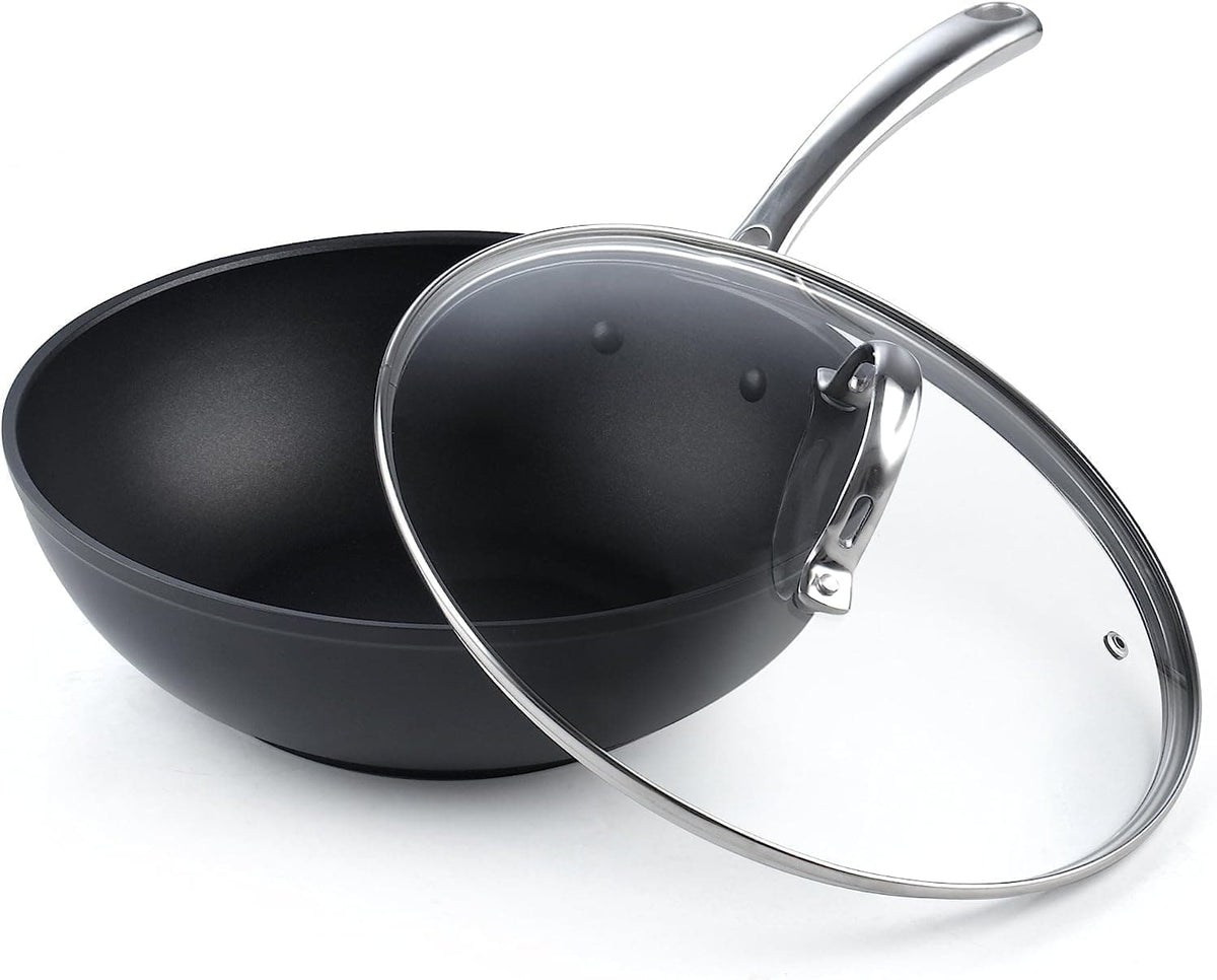 Cooks Standard - Classic 11'' Hard Anodized Nonstick Wok Stir Fry Pan,3qt Deep Frying Pan,Vented Glass Lid,Stay-cool Handle,Not Induction - Black