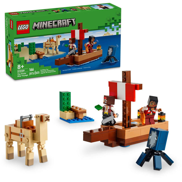 | : FSE FE AAU. 08+ LEGO MINECRAFT 8+ 166 Building Tey 21259 2 - nron consfrpscin pcs/pzs Ingriste de The Pirate Ship Veyage - - - - - Bme - - - - -