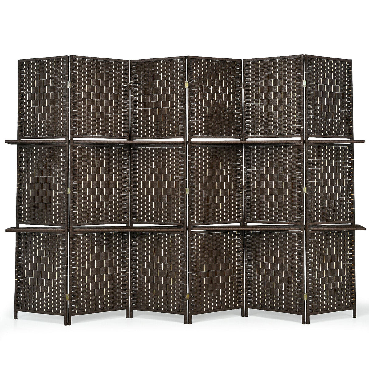 Costway - 6 Panel Folding Room Divider 6Ft Weave Fiber Screen W/ 2 Display Shelves - Brown