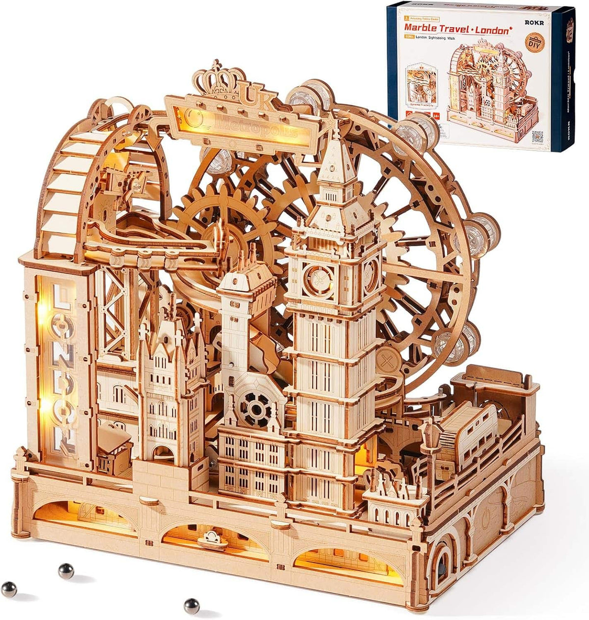 Robotime - ROKR 3D Wooden Puzzles for Adults, Marble Travel London,431Piece 3D Puzzles, Marble Run Gift for Adults - Brown