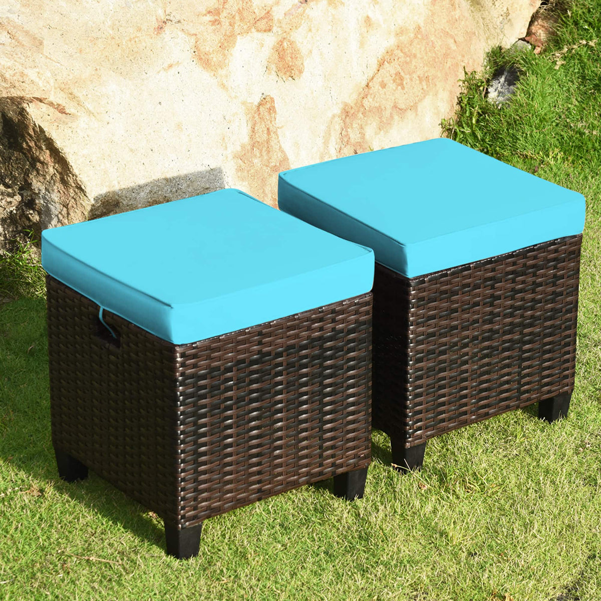 Gymax - Set of 2 Patio Rattan Ottoman Footrest Garden Outdoor w/ Turquoise Cushion - Red
