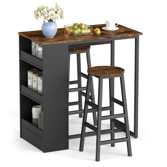 Front. Costway - Costway 3 Pieces Bar Table Set Industrial Counter Height Dining Table Set with Storage - Rustic Brown + Black.