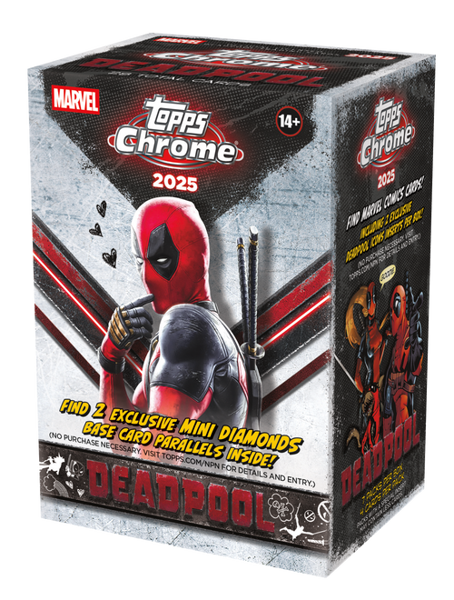 MARVEL  
Topps Chrome 2025  
14+  

FIND 2 EXCLUSIVE MINI DIAMONDS BASE CARD PARALLELS INSIDE!  
(NO PURCHASE NECESSARY. VISIT TOPPS.COM/NPN FOR DETAILS AND ENTRY.)  

FIND MARVEL COMICS CARDS!  
INCLUDING 2 EXCLUSIVE INSERTS PER BOX!  
DEADPOOL ICONS NECESSARY. VISIT TOPPS.COM/NPN FOR DETAILS AND ENTRY.)  

DEADPOOL  
7 PACKS PER BOX  
4 CARDS PER PACK  
322 TOTAL CARDS  
PACKS WITH LESS CARDS  
FOR FUN!  

DEADPOOL
