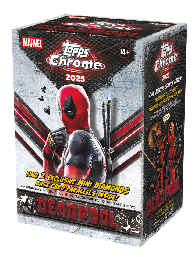 MARVEL  
Topps Chrome 2025  
14+  

FIND 2 EXCLUSIVE MINI DIAMONDS BASE CARD PARALLELS INSIDE!  
(NO PURCHASE NECESSARY. VISIT TOPPS.COM/NPN FOR DETAILS AND ENTRY.)  

FIND MARVEL COMICS CARDS!  
INCLUDING 2 EXCLUSIVE INSERTS PER BOX!  
DEADPOOL ICONS NECESSARY. VISIT TOPPS.COM/NPN FOR DETAILS AND ENTRY.)  

DEADPOOL  
7 PACKS PER BOX  
4 CARDS PER PACK  
322 TOTAL CARDS  
PACKS WITH LESS CARDS  
FOR FUN!  

DEADPOOL