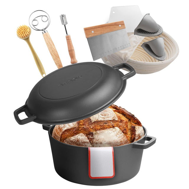Front. VEVOR - Cast Iron Dutch Oven, 2-in-1 Pre-Seasoned Pot with Skillet Lid, 5QT Cookware Pan, Bread-Oven Compatible 500℉ - Black.