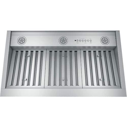 Front. GE - 36” Smart Designer Custom Insert Range Hood with Dimmable LED Lighting - Stainless Steel.