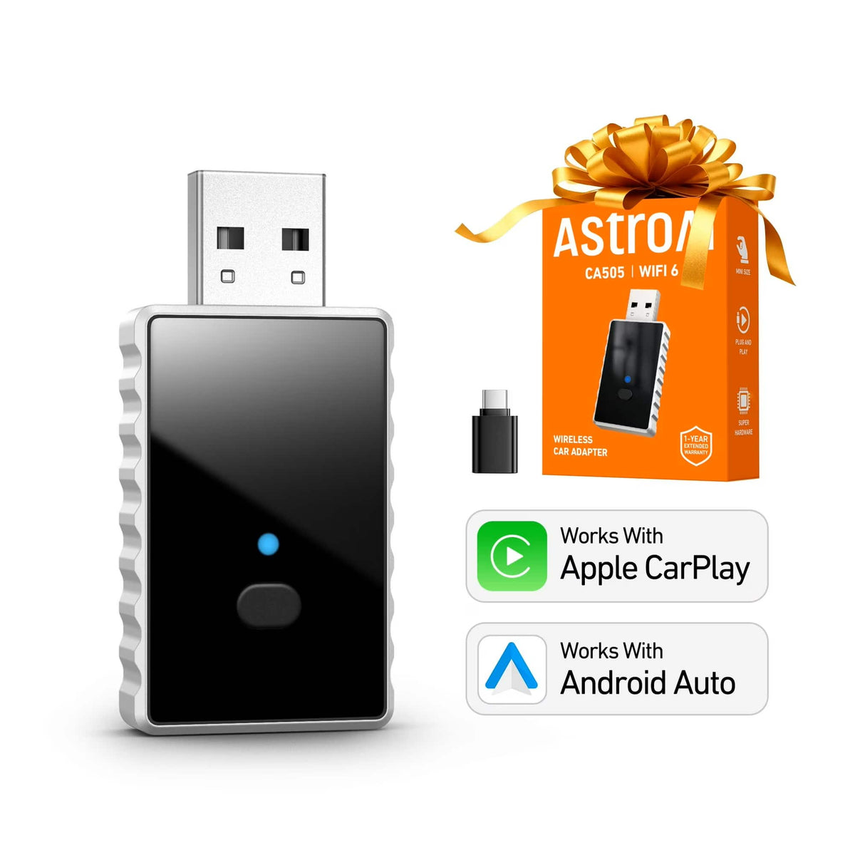 AstroAI - 2-in-1 wireless CarPlay & Android Auto adapter converts wired to wireless, plug & play, glass panel, metal design.