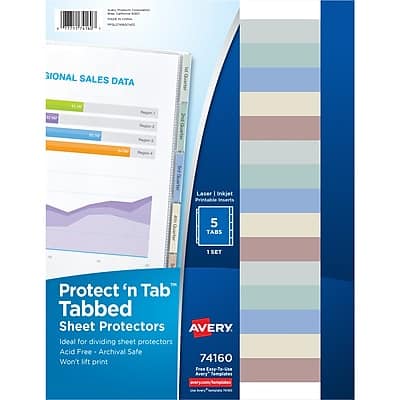 AE 76163  
SIONAL SALES DATA  
futQuarier Laser Inkjet Printable  
5 TABS 1 SET  
Protect 'n Tab" Tabbed Sheet Protectors  
AVERY  
Ideal for dividing sheet protectors  
Acid Free Archival Safe  
Won't Mft print  
74160