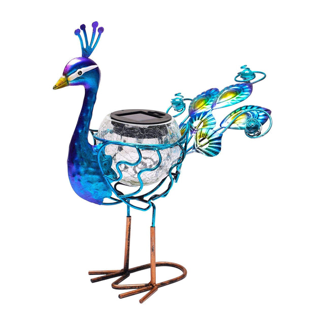 Front. G128 - Solar Metal Peacock Garden Statue 12 Inch Water-Resistant Yard Art with Solar Crackle Glass Light - blue, vibrant colors.