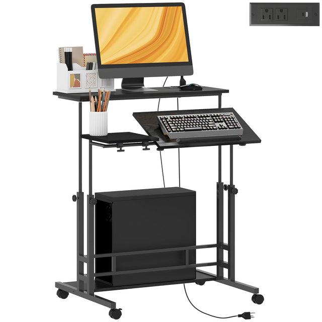 Front. Homcom - Standing Desk with Power Outlets, Stand Up Desk with Tiltable Tabletop, Wheels, Shelf - Black.