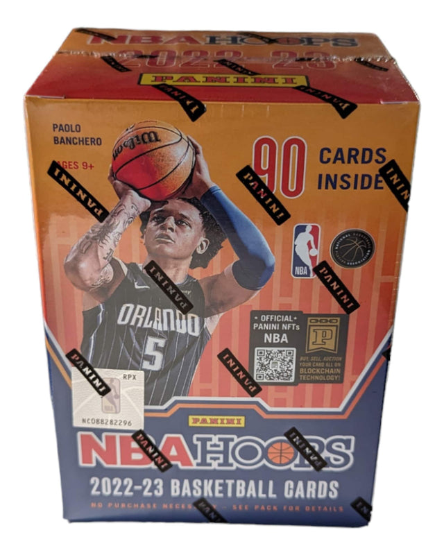 NBA HOOOPS  
2022-23 BASKETBALL CARDS  

PAOLO BANCHERO  
AGES 9+  

90 CARDS INSIDE  

PANINI  
NBA  
PANINI NFTs  
OFFICIAL PANINI NBA  
BLOCKCHAIN TECHNOLOGY!  

RPX  
BUY, SELL, AUCTION YOUR CARD ALL ON RPX  

NC088282296  

PANINI  
NBA HOOOPS  
2022-23 BASKETBALL CARDS  
NO PURCHASE NECESSARY  
SEE PACK FOR DETAILS  

PANINI  
NBA HOOOPS  
2022-23 BASKETBALL CARDS  
NO PURCHASE NECESSARY  
SEE PACK FOR DETAILS  

PANINI  
NBA HOOOPS  
2022-23 BASKETBALL CARDS  
NO PURCHASE NECESSARY  
SEE PACK FOR DET