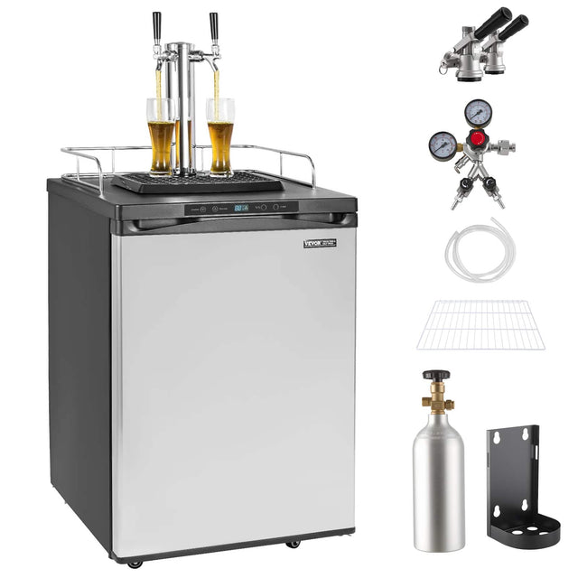 Front. VEVOR - Beer Kegerator, Dual Tap Draft Beer Dispenser, Full Size Keg Refrigerator With Shelf, CO2 Tank(No Gas), Drip Tray - Black,Grey.