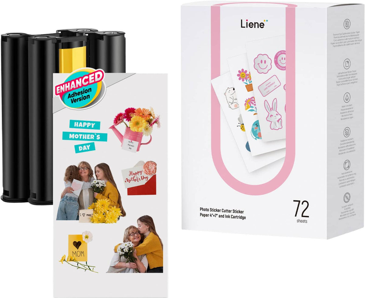 Liene - PixCut Photo Sticker Cutter Sticker Paper 4×7" and Ink Cartridge (72 sheets)