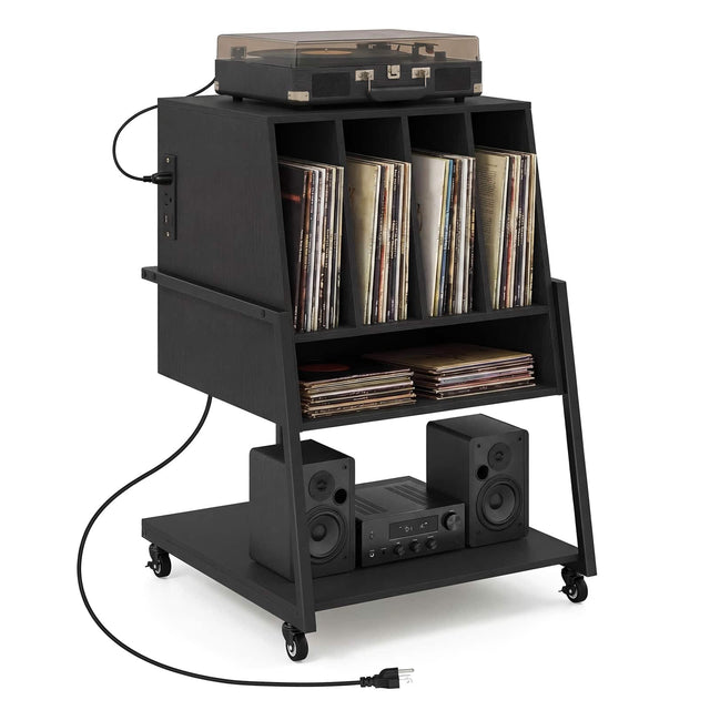 Front. Costway - Costway Record Player Stand on Wheels with Power Outlets, Divided Compartment, Open Shelves - Black.