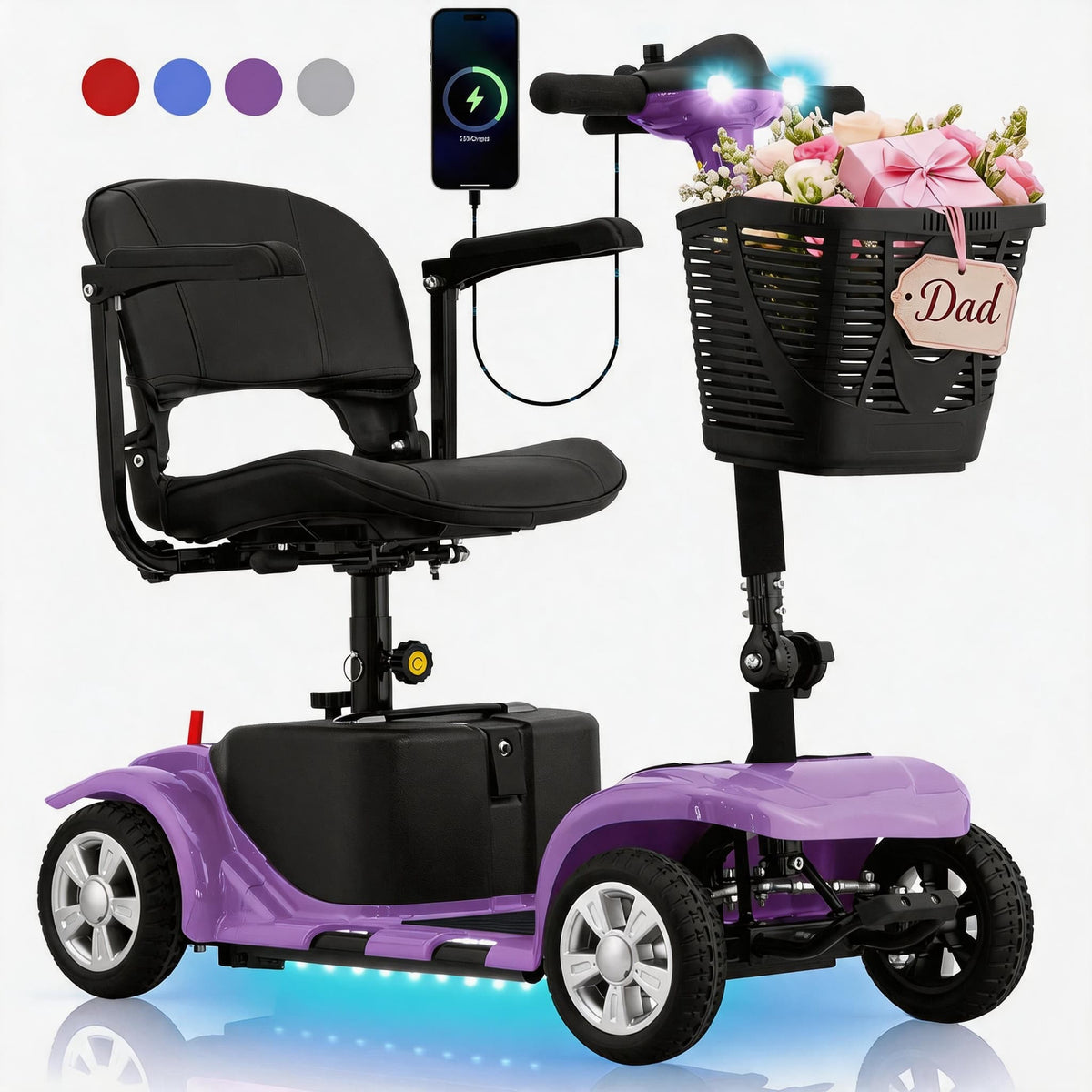Hover Heart - 4 Wheel Electric Mobility Scooter for Adults & Seniors, Portable Travel Scooter with Seat, LED Light & Basket - Purple
