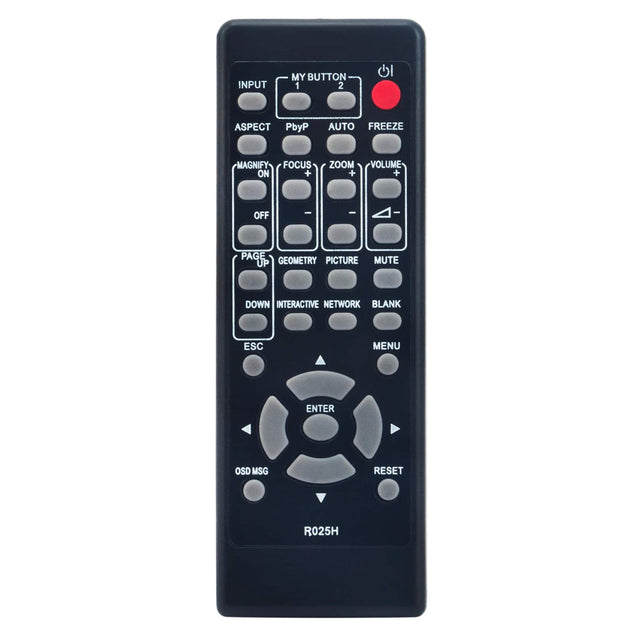 INPUT MY BUTTON 1 2  
ASPECT PbyP AUTO FREEZE  
MAGNIFY ON FOCUS + ZOOM +  
VOLUME +  
OFF -  
PAGE UP GEOMETRY PICTURE MUTE  
DOWN INTERACTIVE NETWORK BLANK  
ESC ENTER RESET  
OSD MSG  
R025H