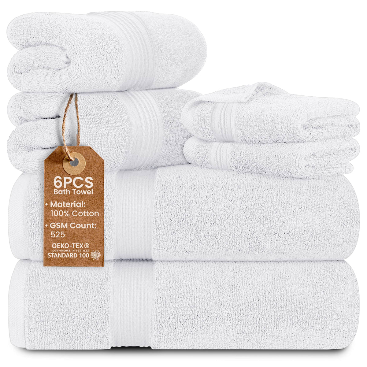 Lux Decor Collection - 6-Piece Bath Towel Set Soft 100% Cotton Zero Twist, Highly Absorbent & Quick-Dry Towels - White