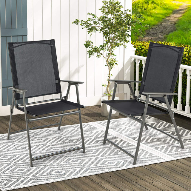 Front. Costway - Costway 2pcs Patio Folding Portable Dining Chairs Metal Frame Armrests Garden Outdoor - Black.