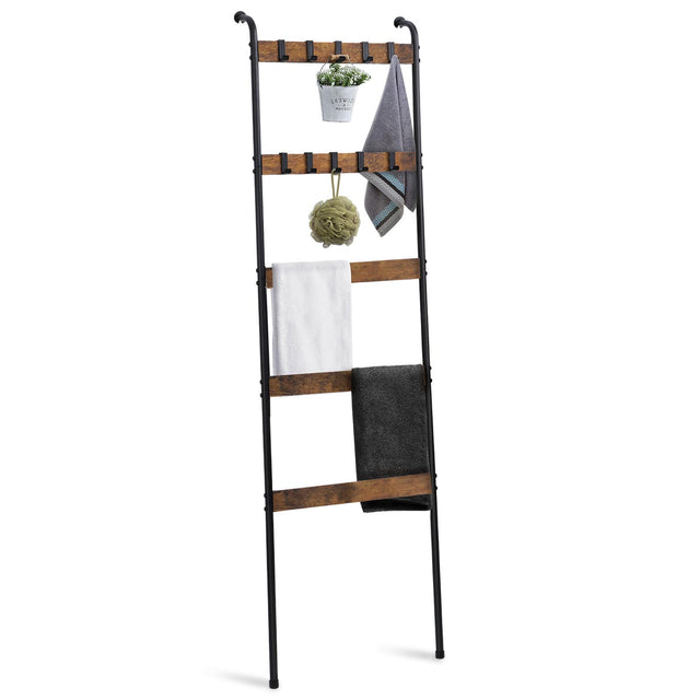 Front. Oumilen - Industrial Ladder Towel Rack with Hooks, 5-Tier Rustic Wood and Metal Blanket Display Stand for Bathroom Living Room - Brown.