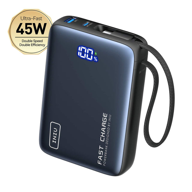 Ultra-Fast 45W Double Speed Double Efficiency

100%

FAST CHARGE
POWERBANK DESIGNED BY INIU

INIU