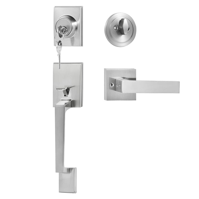 Front. VEVOR - Front Door Handle and Deadbolt Set, Square Entry Handle Set with Lever, Single Cylinder, Adjustable Hole Space - Silver.