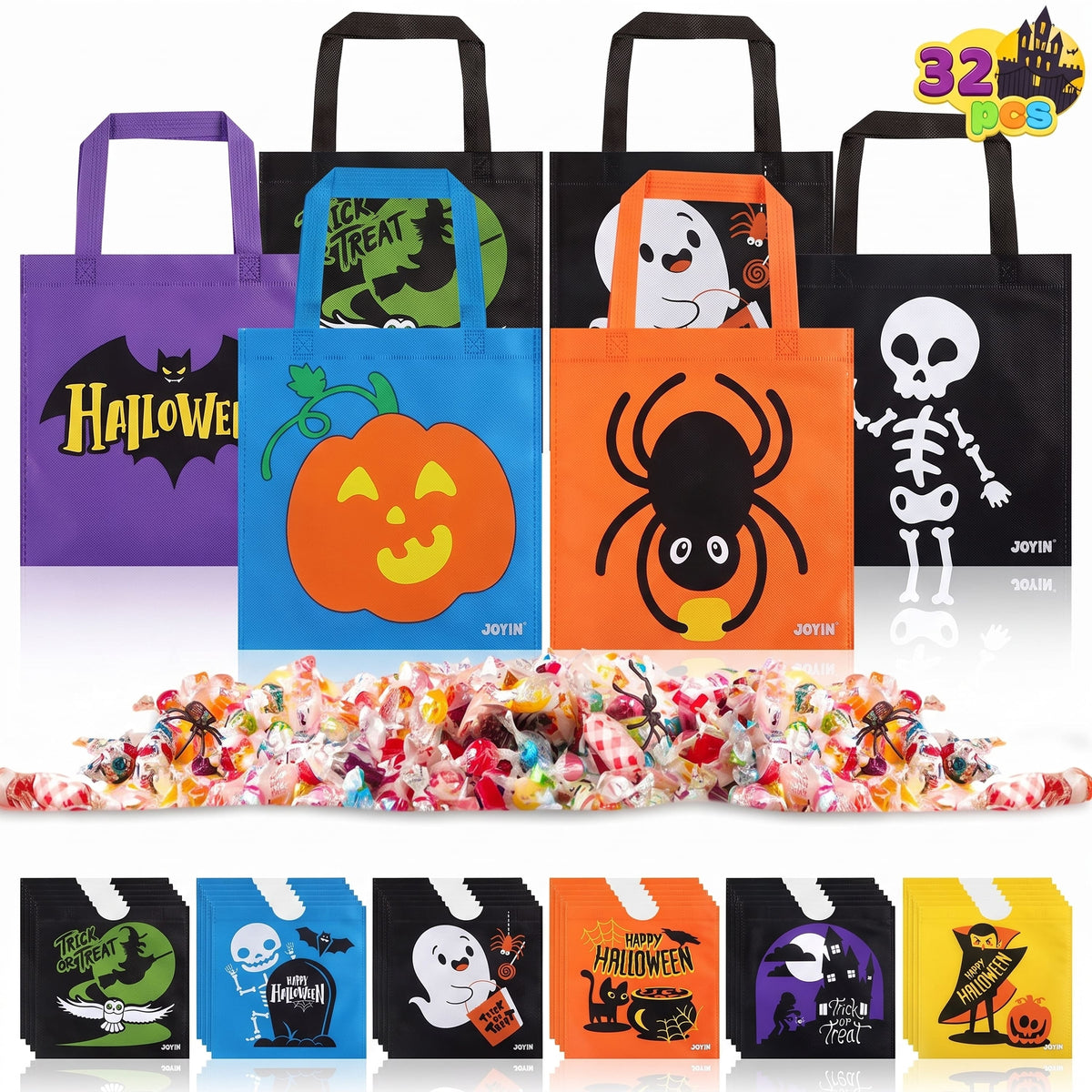 Joyfy - 32Pcs Halloween Tote Reusable Kids Trick or Treat Gift Bag Non-Woven Snacks Goodie Candy Bags, 6 Colorful Pattern Design - multicolor