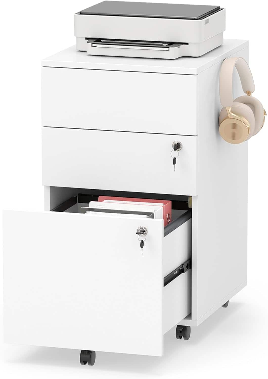 Costway - Mobile File Cabinet with 3 Drawers, Wooden Rolling Filing Cabinet with Lock - White