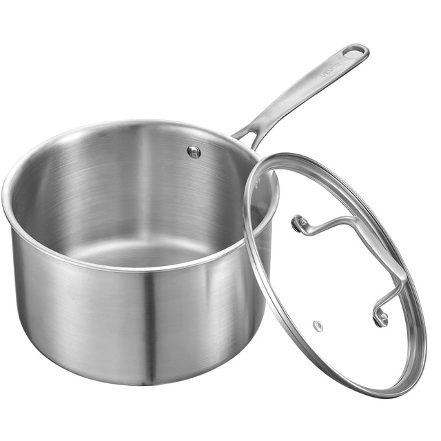 Front. VEVOR - 4 QT Saucepan, Stainless Steel Saucepan with Glass Lid, Multipurpose Nonstick Stainless Steel Small Cooking Sauce Pot - Silver.
