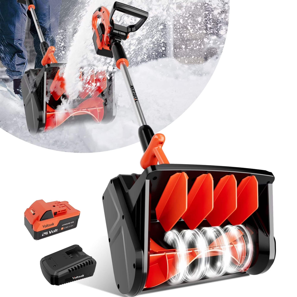 Voltask - 24V 13-Inch Cordless Electric Snow Shovel - Directional Plate, Battery & Quick Charger Included for Driveways & Sidewalk - Red