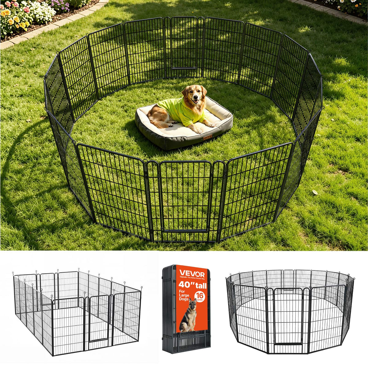 VEVOR - Dog Playpen 40 Inch 16 Panels Foldable Metal Exercise Pen Pet Fence, Indoor/Outdoor Heavy Duty Puppy Crate Kennel - Black