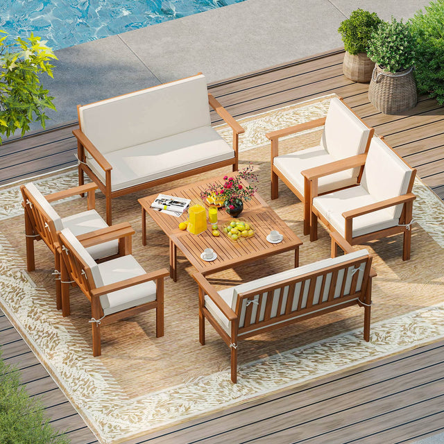 Front. Costway - Costway 8 PCS Acacia Wood Conversation Set with Seat & Back Cushions Loveseat Armchairs - Beige,Natural.