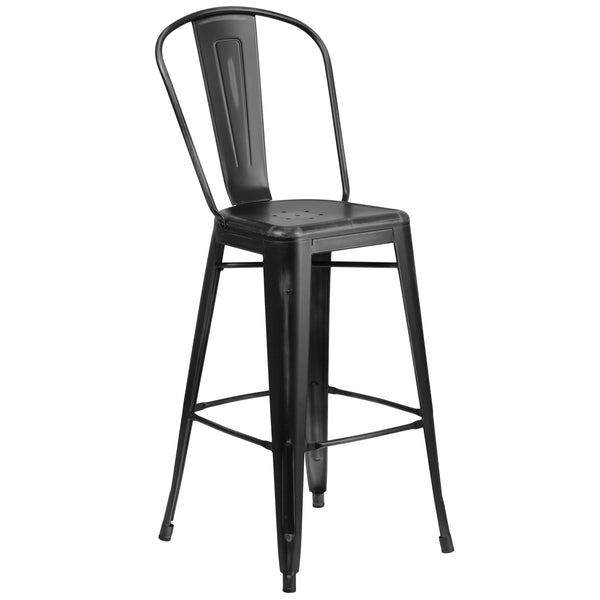 Emma + Oliver - Commercial Grade 30"H Distressed Colorful Metal Indoor-Outdoor Barstool w/ Back - Black