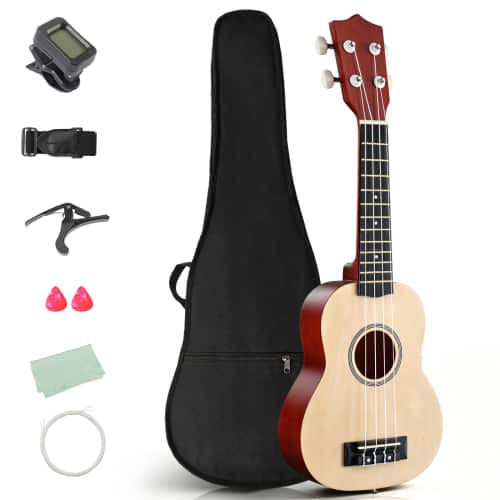 Front. Winado - 21" Basswood 4-String Soprano Ukulele Kit  Includes Gig Bag, Strap, Picks, Strings and Cleaning Cloth - Natural.