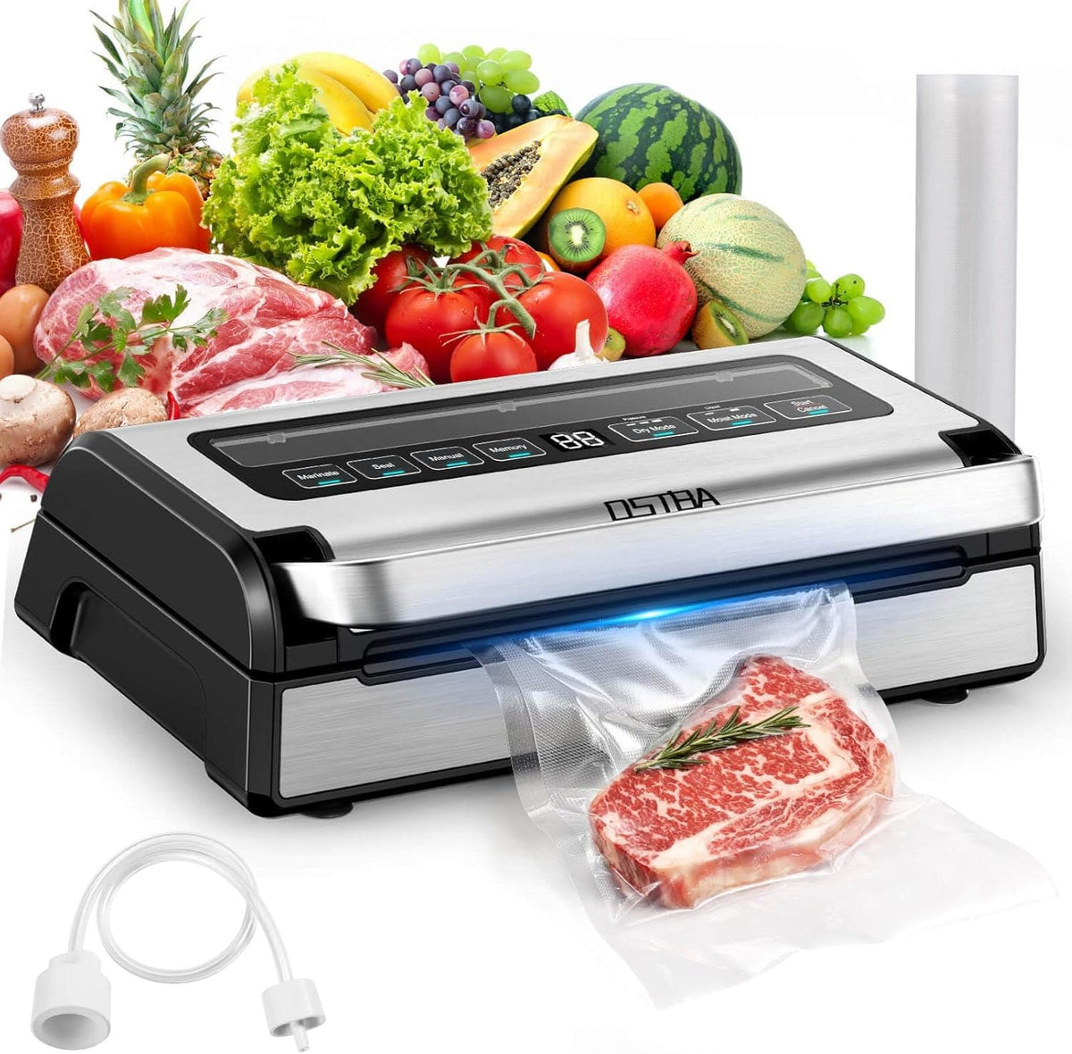 OSTBA - 180W Vacuum Sealer for Food, 12-in-1 Double Pump Food Saver with Bag Storage, Easy-Lock Handle, Dry Moist & Marinate - Silver