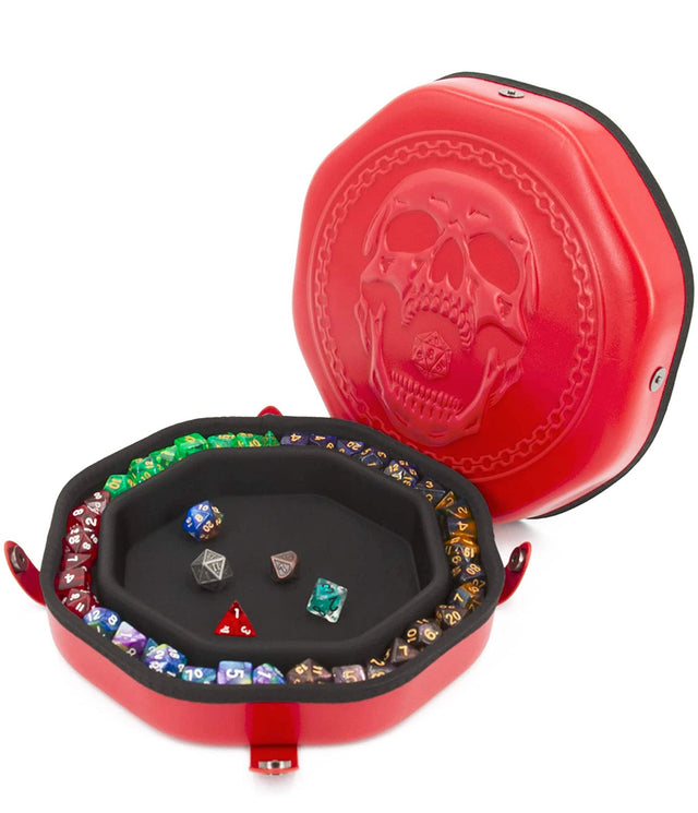 Front. CASEMATIX - Dice Tray fits Up to 115 RPG Dice for Tabletop Board Games - DnD Dice Storage, Red with Embossed Skull.