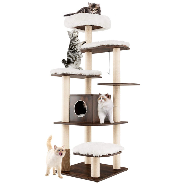 Front. Costway - Costway Wooden Cat Tree 71" 7-Layer Cat Tower with Sisal Scratching Posts Perch & Cushions Brown - Brown,Beige.