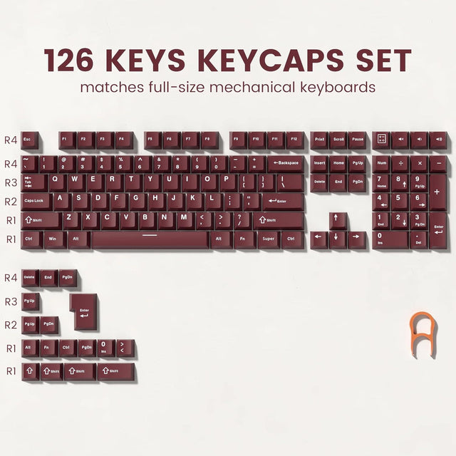 126 KEYS KEYCAPS SET matches full-size mechanical keyboards

R4: Esc F1 F2 F3 F4 F5 F6 F7 F8 F9 F10 F11 F12 Print Scroll Pause

R4: 1 2 3 4 5 6 7 8 9 0 - = Backspace

R3: Tab Q W E R T Y U I O P

R2: Caps Lock A S D F G H J K L ;

R2: Shift Z X C V B N M , . / Backspace

R1: Ctrl Win Alt Spacebar Alt

R1: Delete End PgDn

R4: Delete End PgDn

R3: PgUp

R2: PgUp PgDn

R1: Alt Fn Ctrl 0

R1: Shift Shift Shift