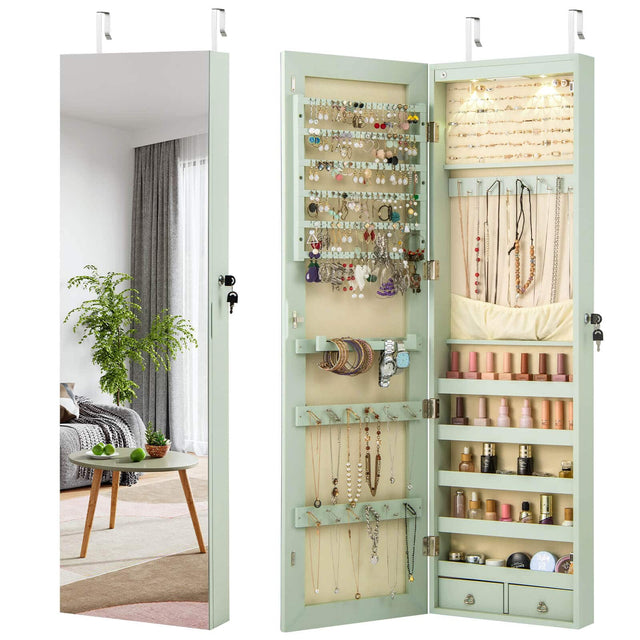 Front. Costway - Costway Mirrored Wall & Door Mounted Jewelry Cabinet Storage Organizer with Lights&Drawer - Green.