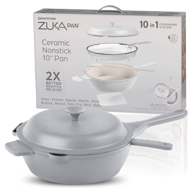 ZUKA PAN  
Ceramic Nonstick 10" Pan  
2X BETTER NONSTICK RELEASE  

10 in 1 COOKWARE SYSTEM  
Ceramic Nonstick  
Sear, Steam, Sauté, Warm, Slow Braise, Roast, Pan Fry, Boil, Bake  

6-PIECE SET  
- 10" Pan  
- 6-QUART POT WITH LID  
- SLICING TWIST STEAMER BASKET  
- 2 PIECES OF CUTLERY (SPOON & FORK)  

GRANITESTONE  
100% PFOA FREE  
COOKING SYSTEM