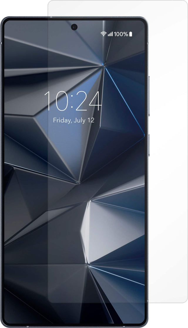 The image shows a cell phone with a blue and silver design. The time displayed on the screen is 10:24, and the date is Friday, July 12.