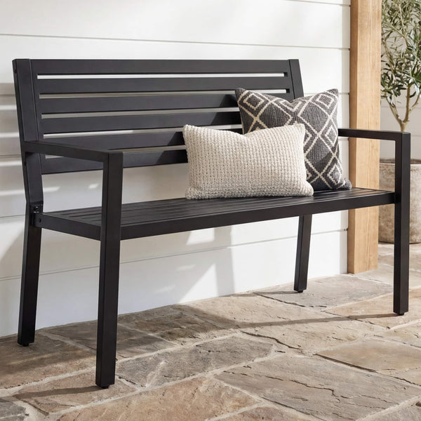 Best Choice Products - Outdoor Metal Bench Patio Garden Bench, 790lb Capacity, Steel Slatted Seat with Armrests - Black