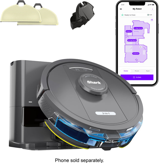 9:41 - My Robot - Ready to Clean  
10% LiVINS ..m RU DRTING  
C ou - , LLRAS - Hame 3nom Spot  
MARIK CLEAN Shark CLEAN  
t CLEAN 2-in-1  
Phone sold separately.