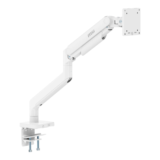 Front. MSI - MAG MT201W Single Monitor Arm – Adjustable Desk Mount, VESA Compatible, 17–49in, 44 lbs Capacity, Clamp & Grommet - Matte White.