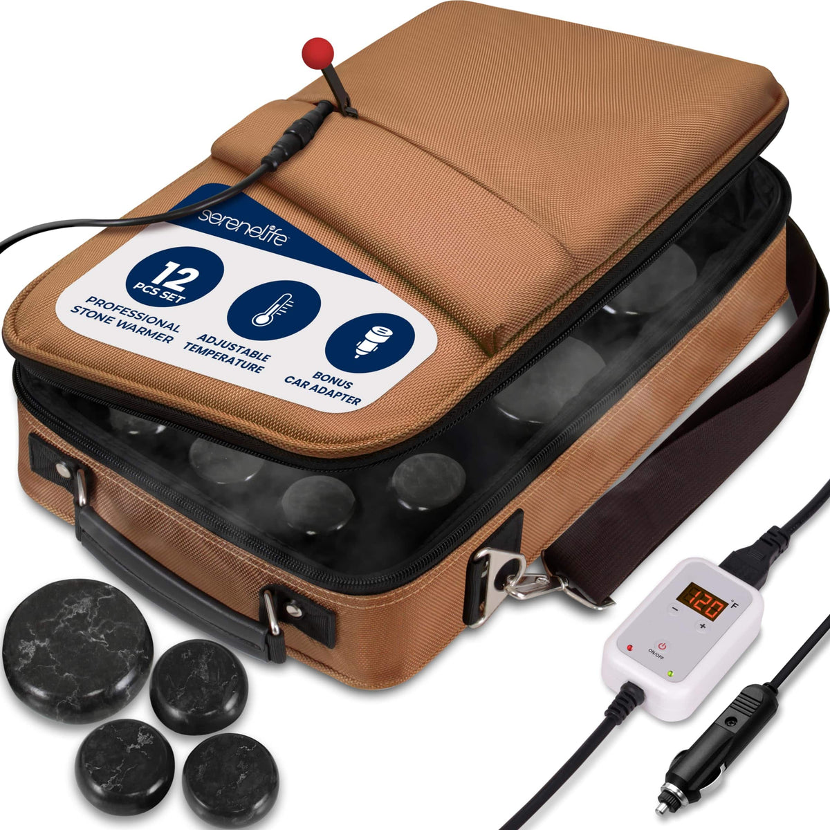 SereneLife - Portable Massage Stone Warmer Set - Black