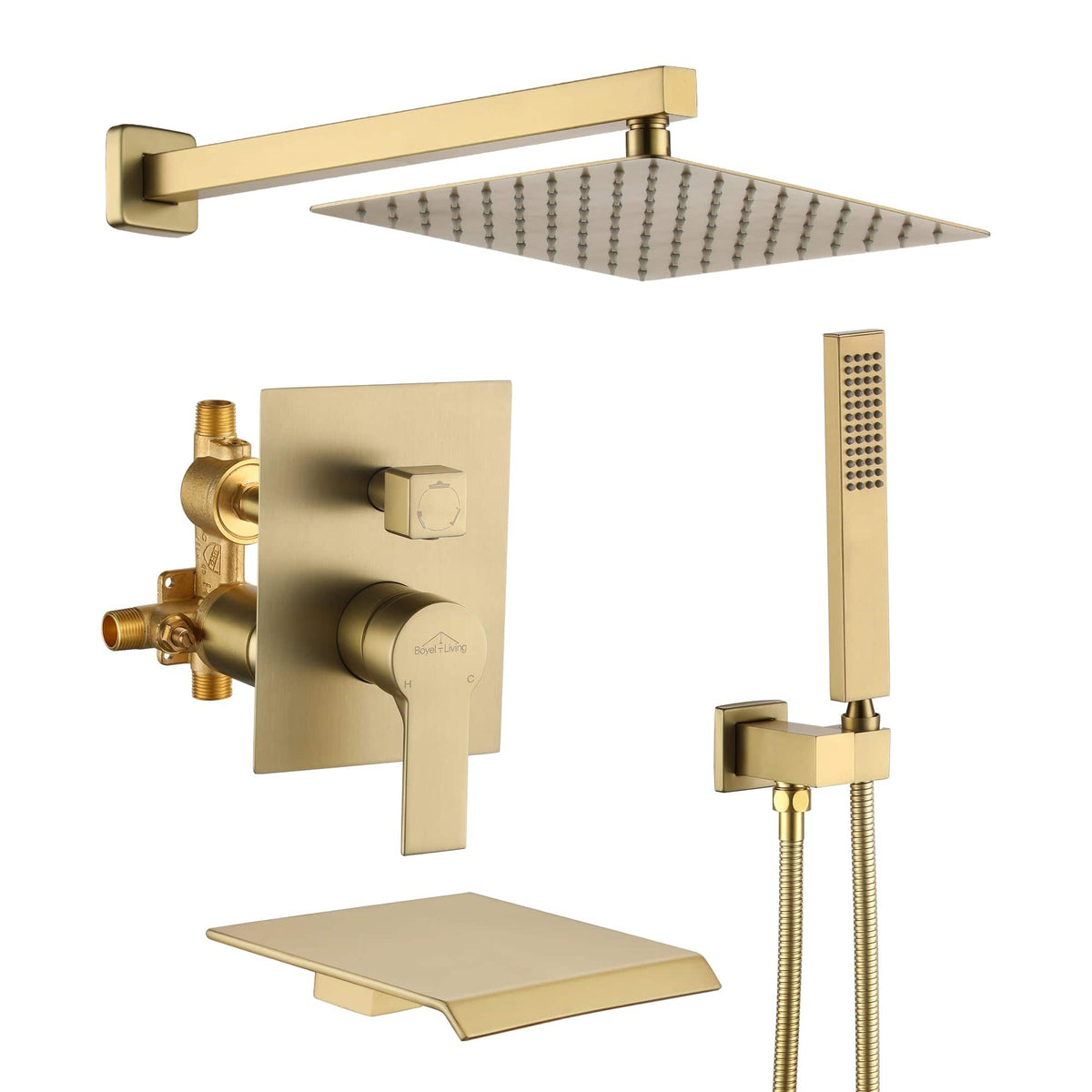 Boyel Living - Wall Mount Single-Handle 1-Spray Tub and Shower Faucet - 10 Inch (Valve Included) - Brushed Gold