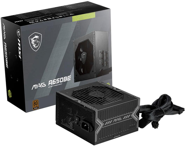 The image shows a box containing a MSI MAG ASSOBE power supply unit. The box is gray and black, and the power supply unit is black and gray as well. The power supply unit is designed to provide a stable and efficient source of power to the computer system.