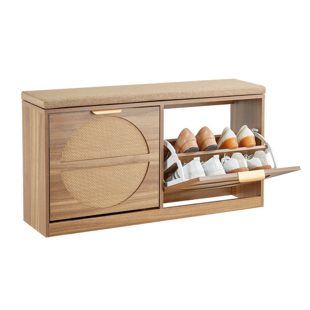 Front. VEVOR - Entryway Shoe Storage Bench 38.9" Wide 2-Tier Shoe Bench Rattan-Like, with 2 Flip Drawers - Natural Wood Color.